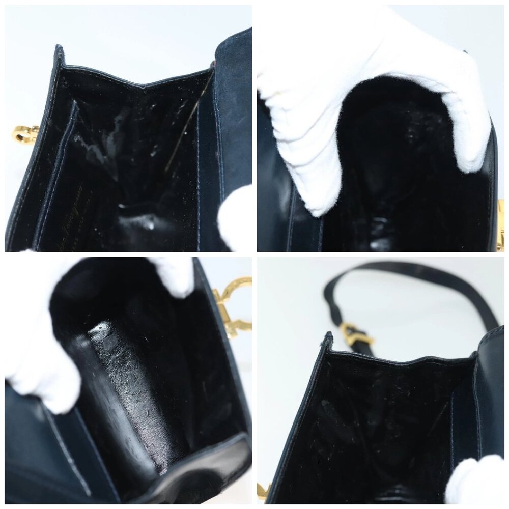 Salvatore Ferragamo Gancini Shoulder Bag Leather Suede Navy Gold Auth - Picture 15 of 16